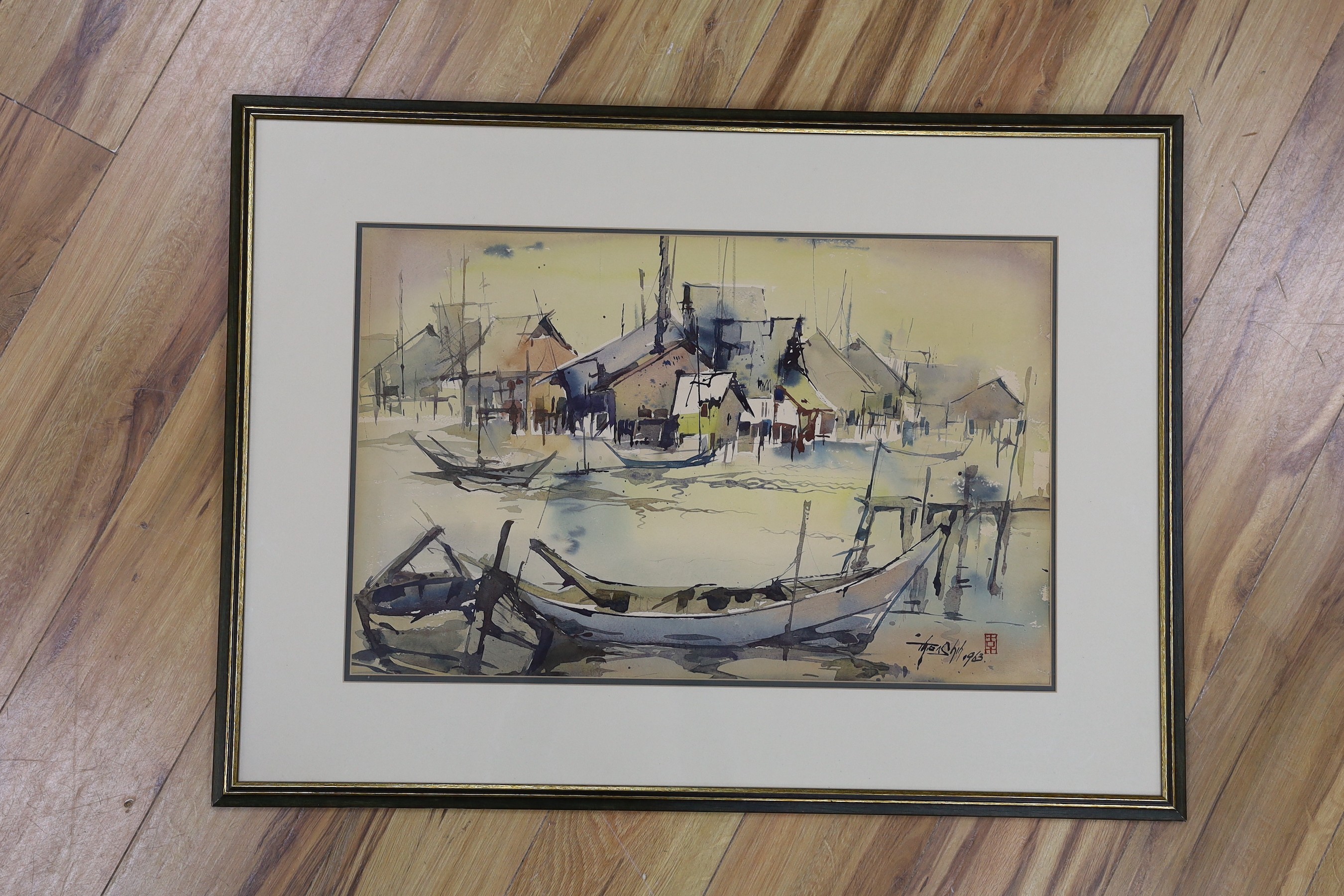 Long Thien Shih (Malaysian, b.1946), watercolour, View of a fishing village, signed and dated 1963, 40 x 63cm